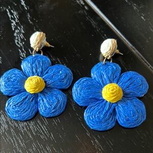 Blue and Yellow Raffia Flower Earrings-NWT